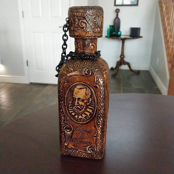 Vtg Miquel de Cervantes Handmade Etched Leather Wrapped Whiskey Bottle Decanter - Picture 1 of 10
